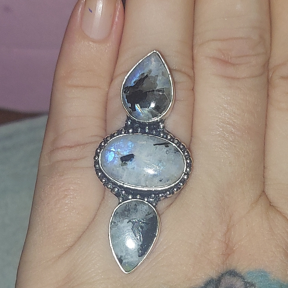 Triple Rainbow Moonstone Statement Ring Size 7 - Picture 4 of 9